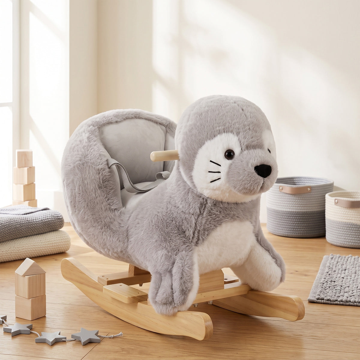 Plush Rocking Seal with Sounds and Safety Belt - Grey & White