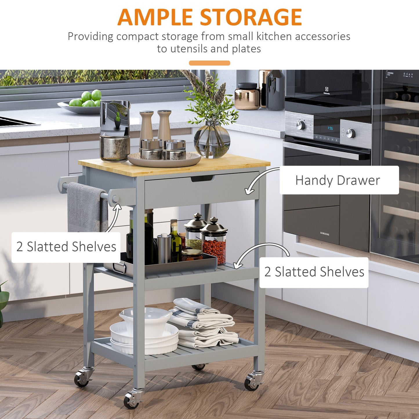Kitchen Trolley Utility Cart on Wheels with Rubberwood Worktop Towel Rack