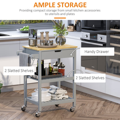 Kitchen Trolley Utility Cart on Wheels with Rubberwood Worktop Towel Rack
