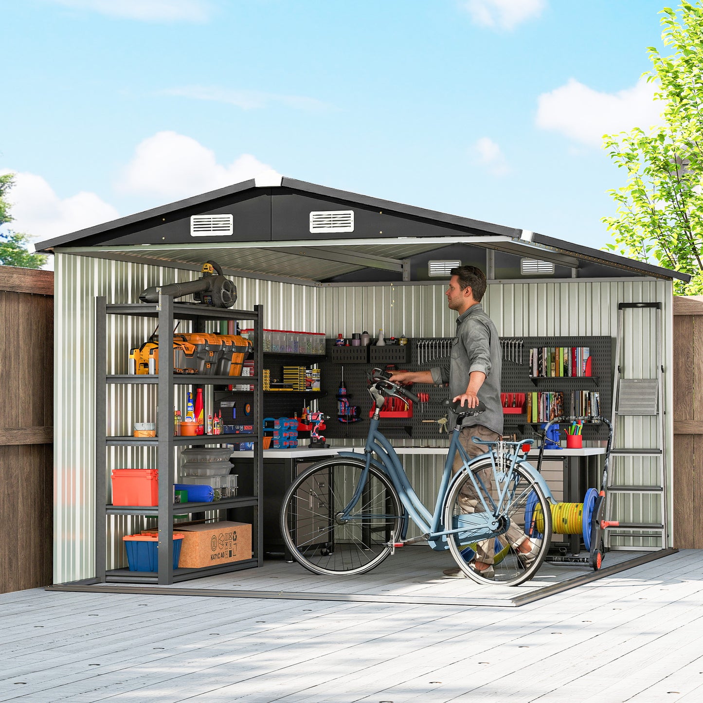 12 x 8 ft Garden Shed, Outdoor Storage Shed with 4 Vents Dark Grey