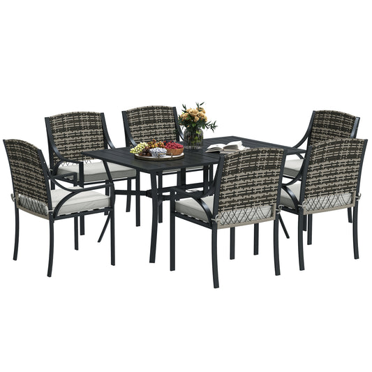 Rattan Garden Furniture Set with Cushions, 6 Seater Rattan Dining Set with 6 Armchairs, 150 x 96cm Rectangular Table, Umbrella Hole, for Outdoor, Patio, Balcony, Terrace, Conservatory