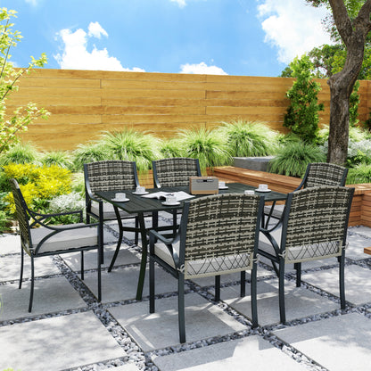 Rattan Garden Furniture Set with Cushions, 6 Seater Rattan Dining Set with 6 Armchairs, 150 x 96cm Rectangular Table, Umbrella Hole, for Outdoor, Patio, Balcony, Terrace, Conservatory