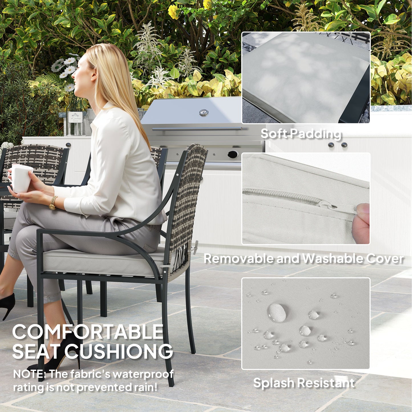 Rattan Garden Furniture Set with Cushions, 6 Seater Rattan Dining Set with 6 Armchairs, 150 x 96cm Rectangular Table, Umbrella Hole, for Outdoor, Patio, Balcony, Terrace, Conservatory