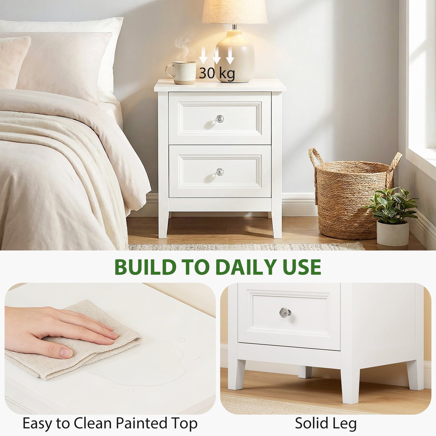 Modern Bedside Table with 2 Drawers, Side Table with Smooth Slides, Bedside Cabinet for Bedroom, Living Room, White