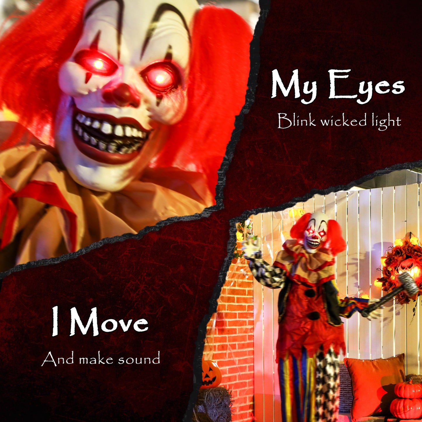 Sound Activated Halloween Animatronics Clown with Red Light Up Eyes