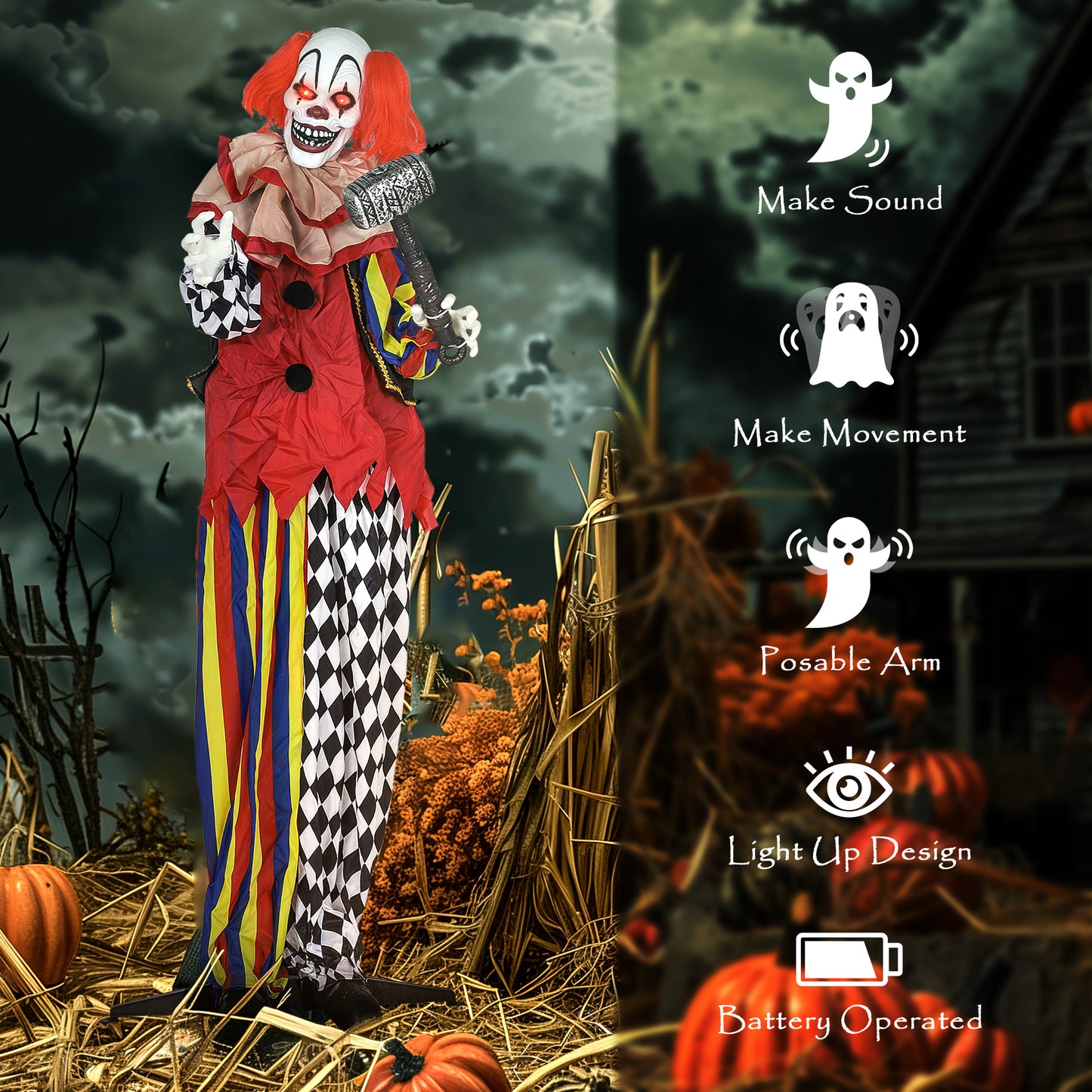 Sound Activated Halloween Animatronics Clown with Red Light Up Eyes