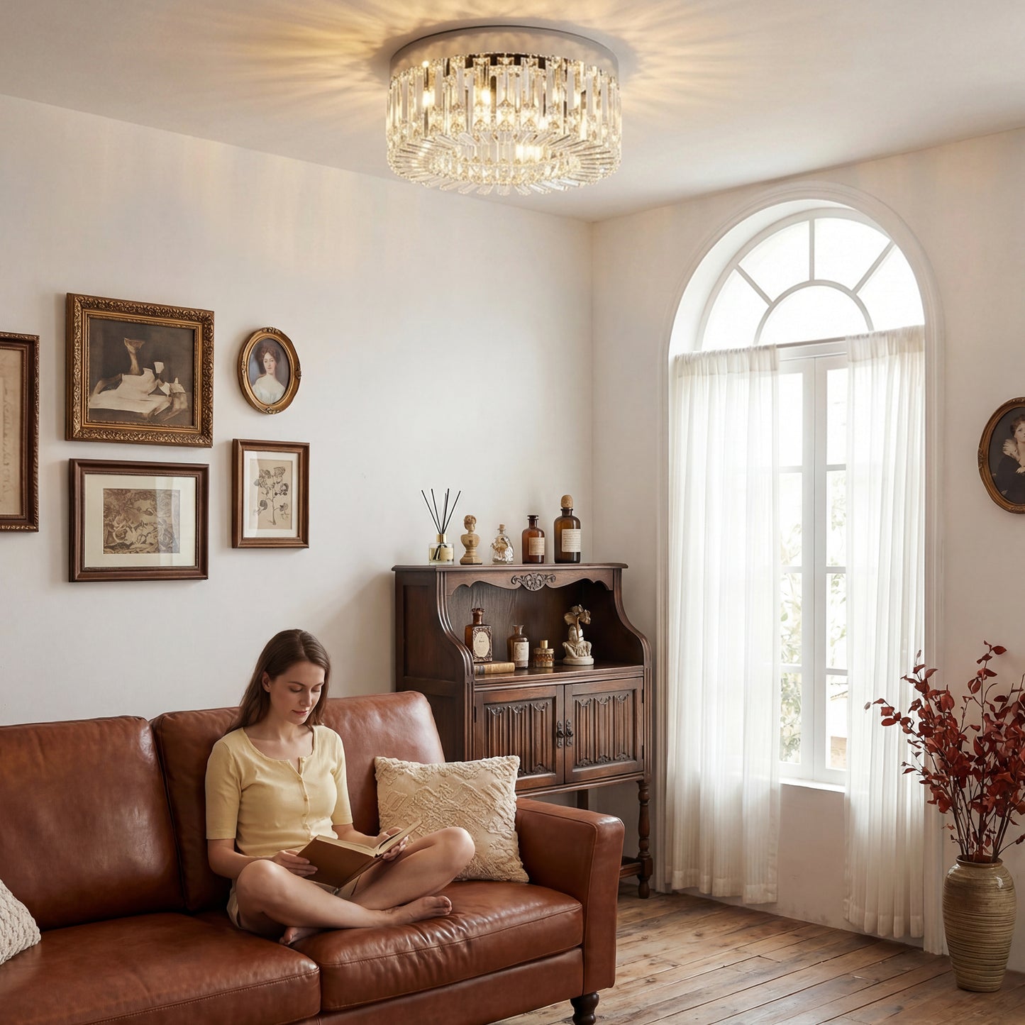 Crystal Ceiling Light with 160 Crystal Pendants, Silver Tone