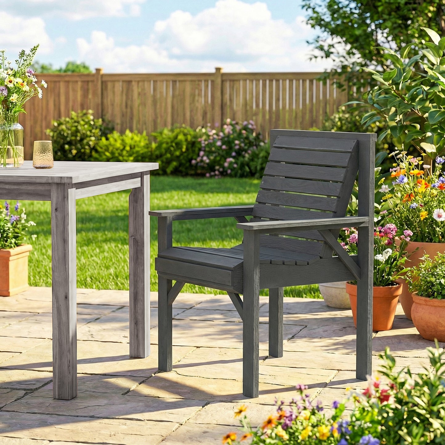 Wood Garden Chair Outdoor Dining Chair with Curved Seat, Grey