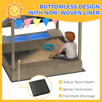 Wooden Kids Sandpit Boat Style with Canopy, 4 Seats, Rudder, Bottom Liner, for Children 3-8 Years, Yellow