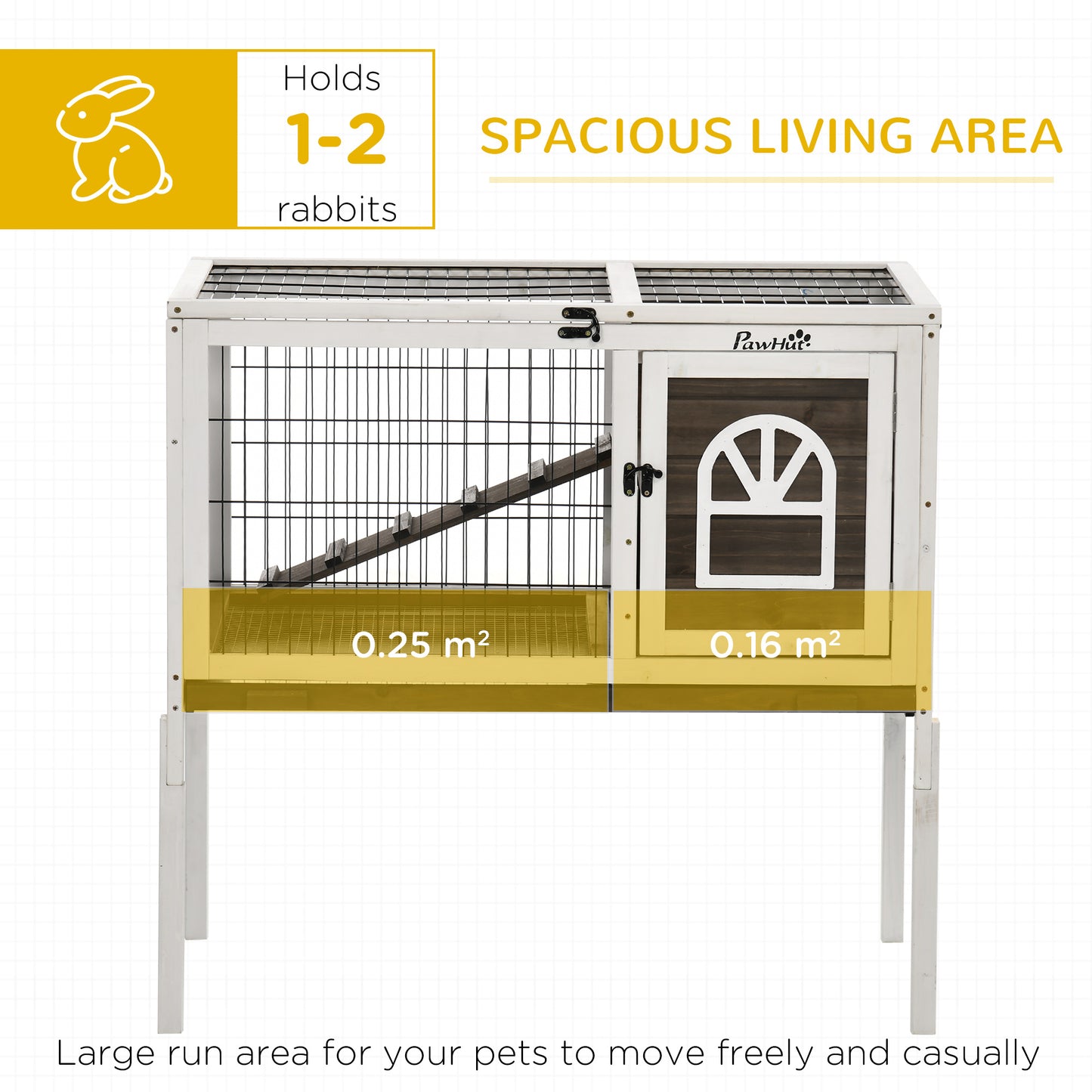 Rabbit Hutch, Elevated Guinea Pig Cage w/ Openable Roof & Tray, Brown