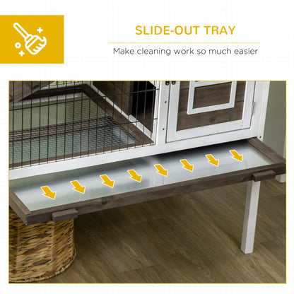 Rabbit Hutch, Elevated Guinea Pig Cage w/ Openable Roof & Tray, Brown