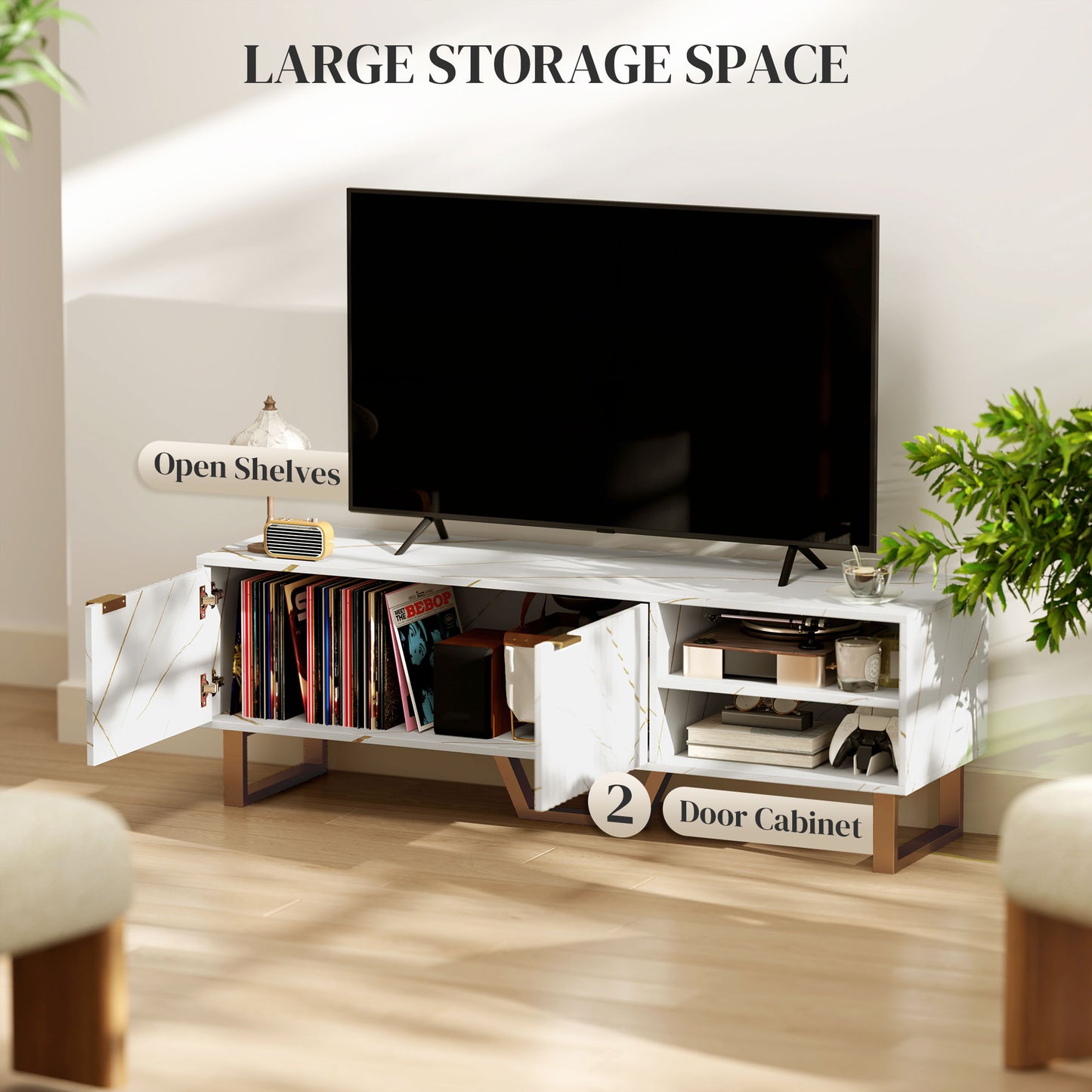 TV Unit, TV Stand Cabinet with Shelves and Storage Cupboard, White