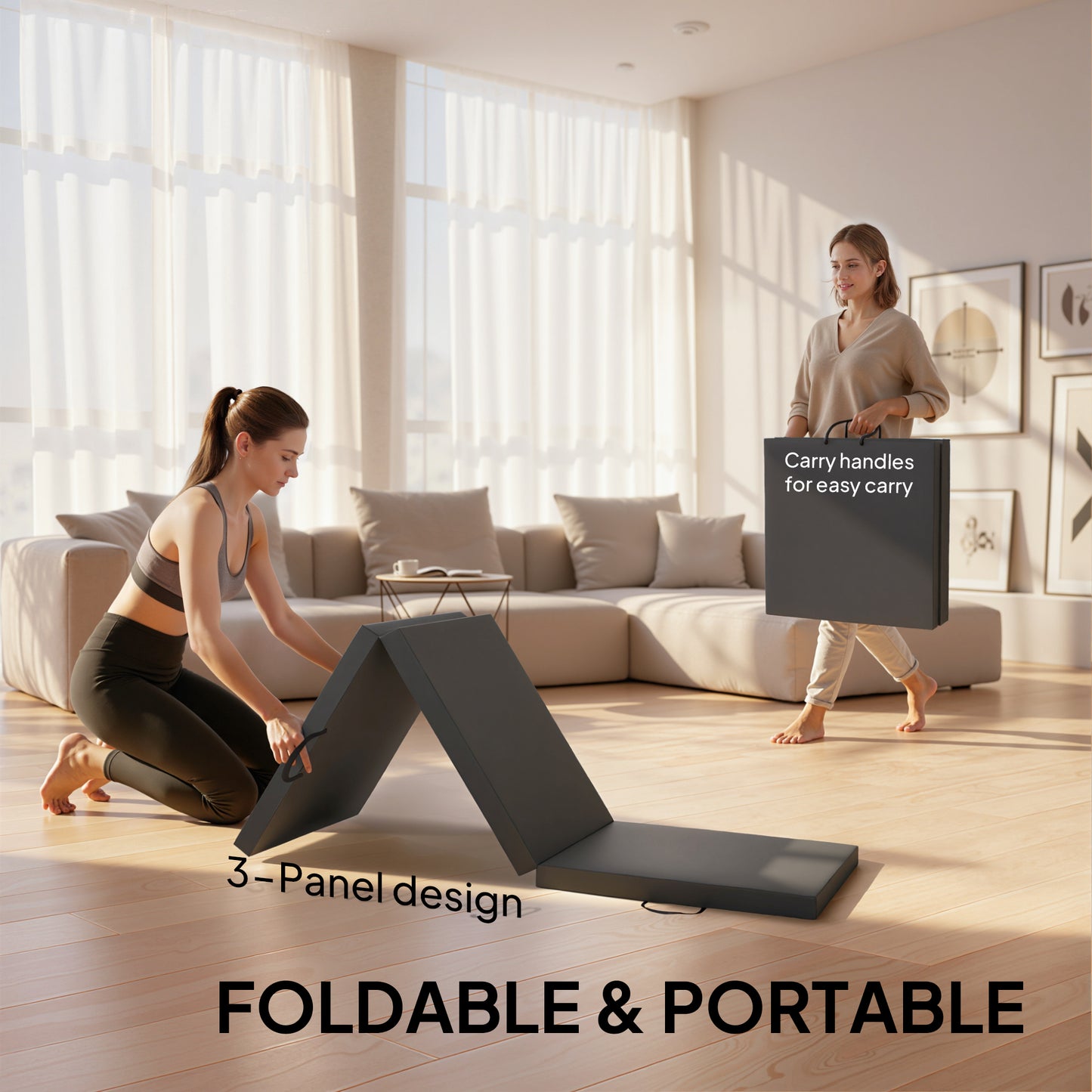 6FT Foldable Gymnastics Mat, Tri-Fold 2" Thick Crash Mat with Carry Strap Handles for Home Training, Grey