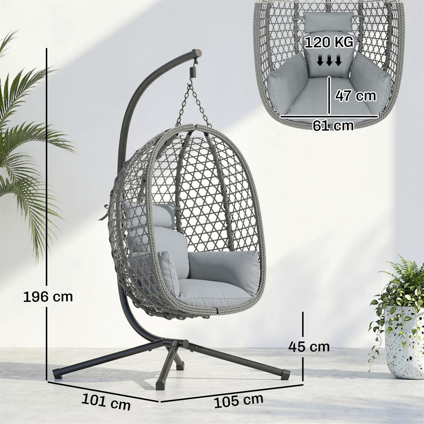 Hanging Egg Chair, Rattan Swing Chair with Stand, Dark Grey