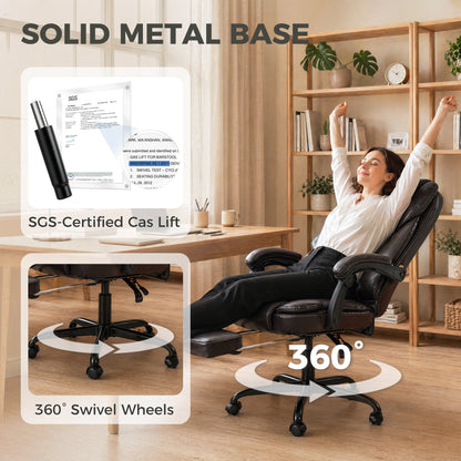 High-Back Executive Home Office Chair, PU Leather Computer Desk Chair with 360 Degree Swivel, Reclining Function, Retractable Footrest and Adjustable Height, Brown