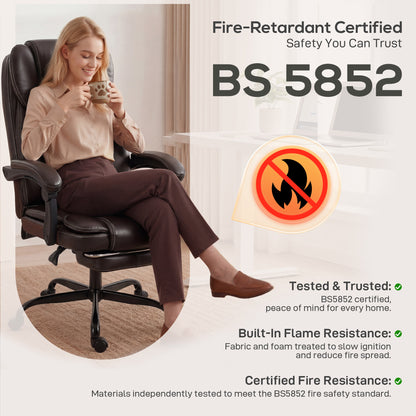 High-Back Executive Home Office Chair, PU Leather Computer Desk Chair with 360 Degree Swivel, Reclining Function, Retractable Footrest and Adjustable Height, Brown