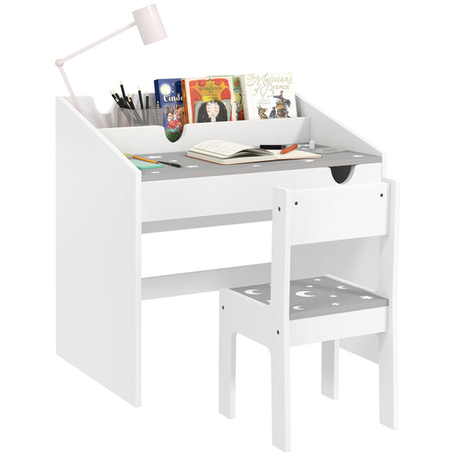 Children Study Table and Chair w/ Storage, Pull-out Drawer - Grey