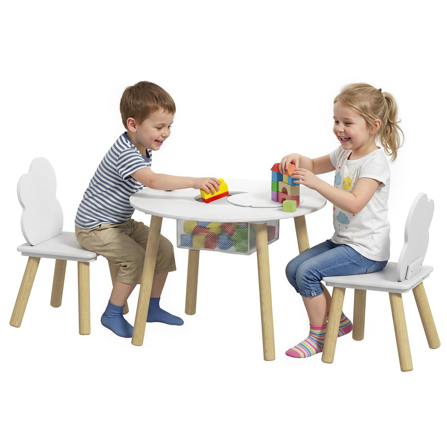 Kids Table and Chairs Set, 3 Piece Toddler Table and Chairs Set with Storage Mesh Bag, for Reading, Drawing, Art, Craft, Playroom, Nursery, Kids Bedroom, White
