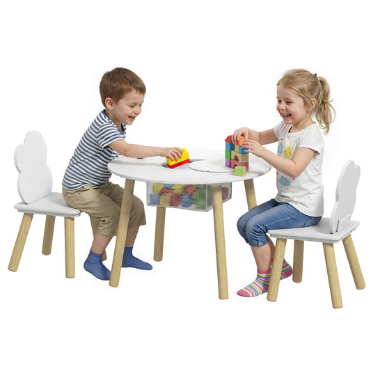 Kids Table and Chairs Set, 3 Piece Toddler Table and Chairs Set with Storage Mesh Bag, for Reading, Drawing, Art, Craft, Playroom, Nursery, Kids Bedroom, White