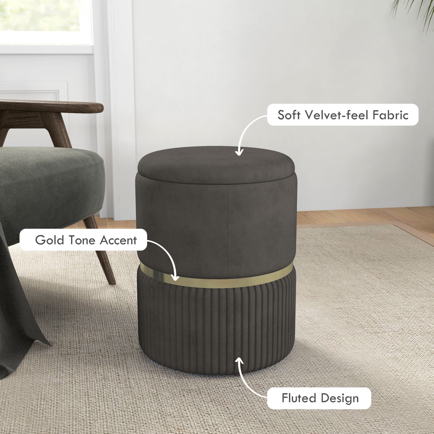 Round Ottoman Stool with Storage, Velvet-feel Fabric Upholstered Pouffe Foot Stool with Padded Seat and Hidden Space