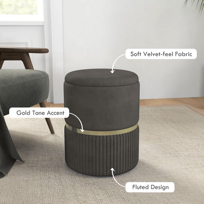 Round Ottoman Stool with Storage, Velvet-feel Fabric Upholstered Pouffe Foot Stool with Padded Seat and Hidden Space