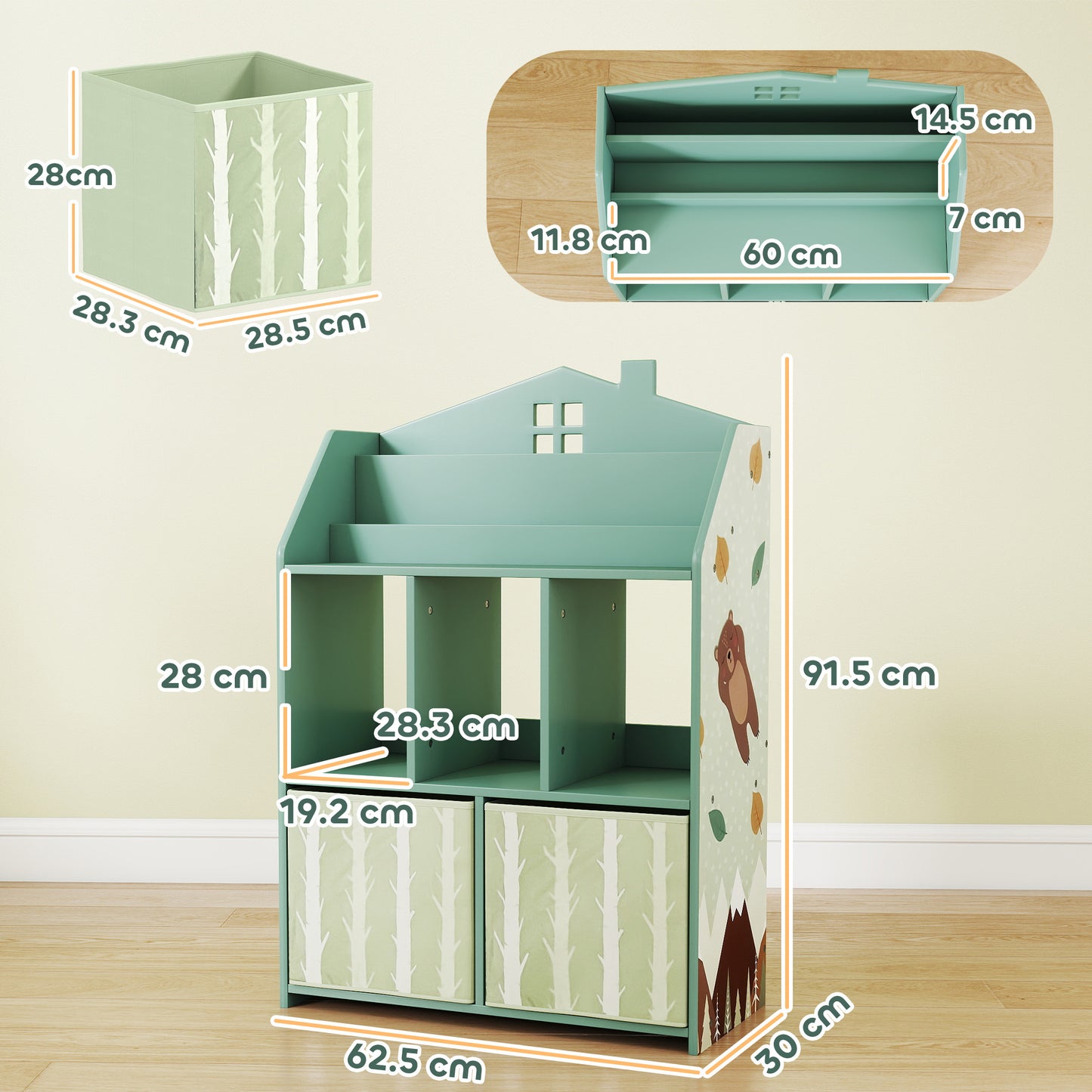 Kids Bookshelf with Storage, Toy Storage Unit for Playroom, Green
