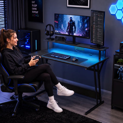 LED Gaming Desk with Power Outlets and Monitor Stand 100 x 60cm Black