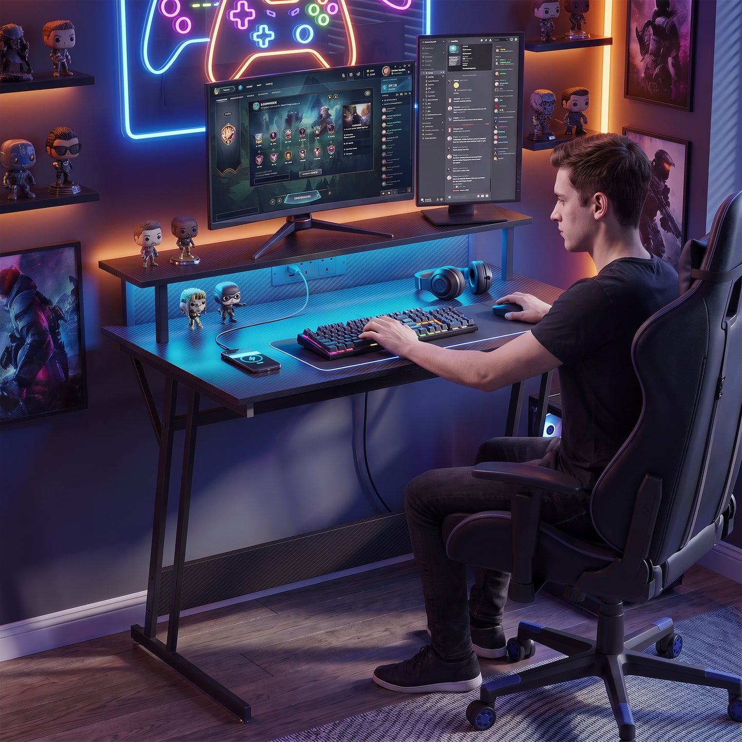 LED Gaming Desk with Power Outlets and Monitor Stand 100 x 60cm Black