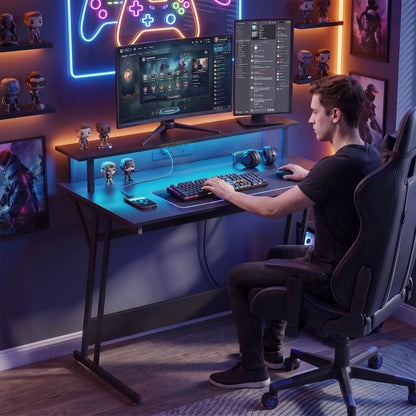 LED Gaming Desk with Power Outlets and Monitor Stand 100 x 60cm Black