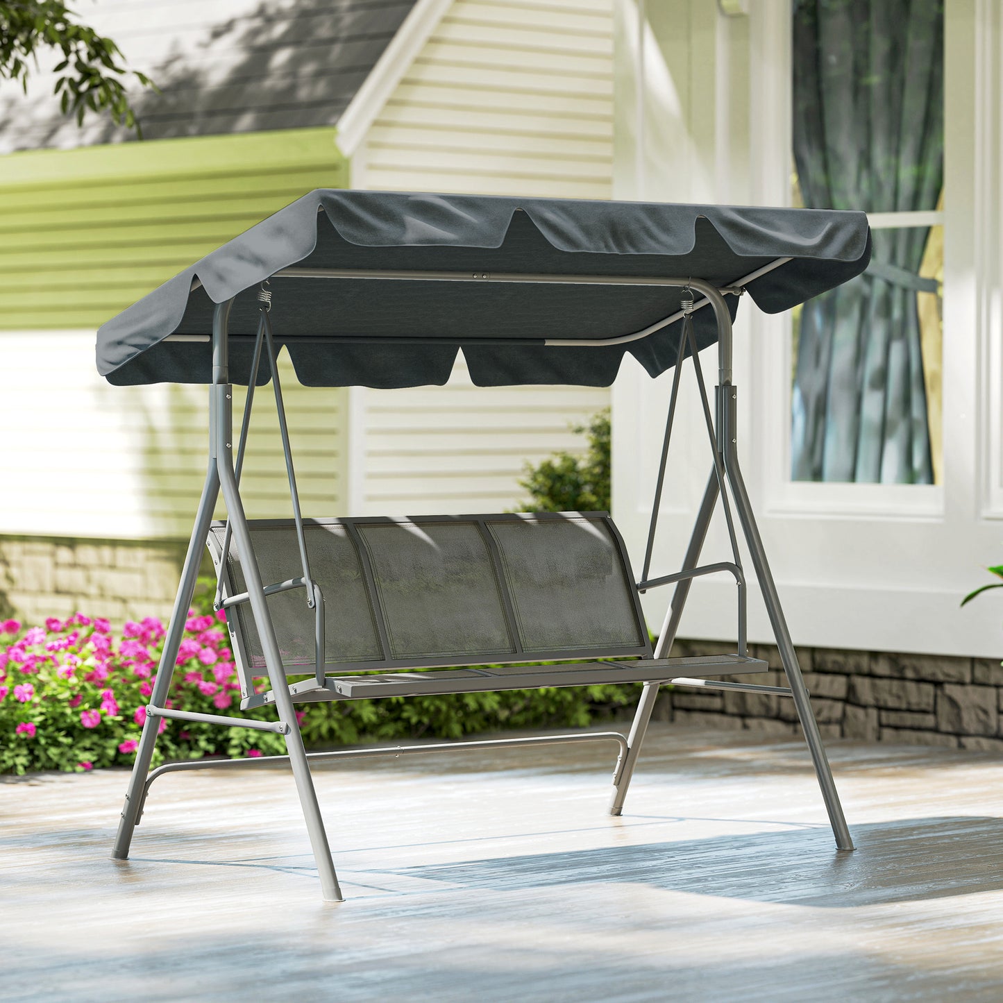 Metal Swing Chair 3 Seater Patio Bench w/ Canopy, Dark Grey