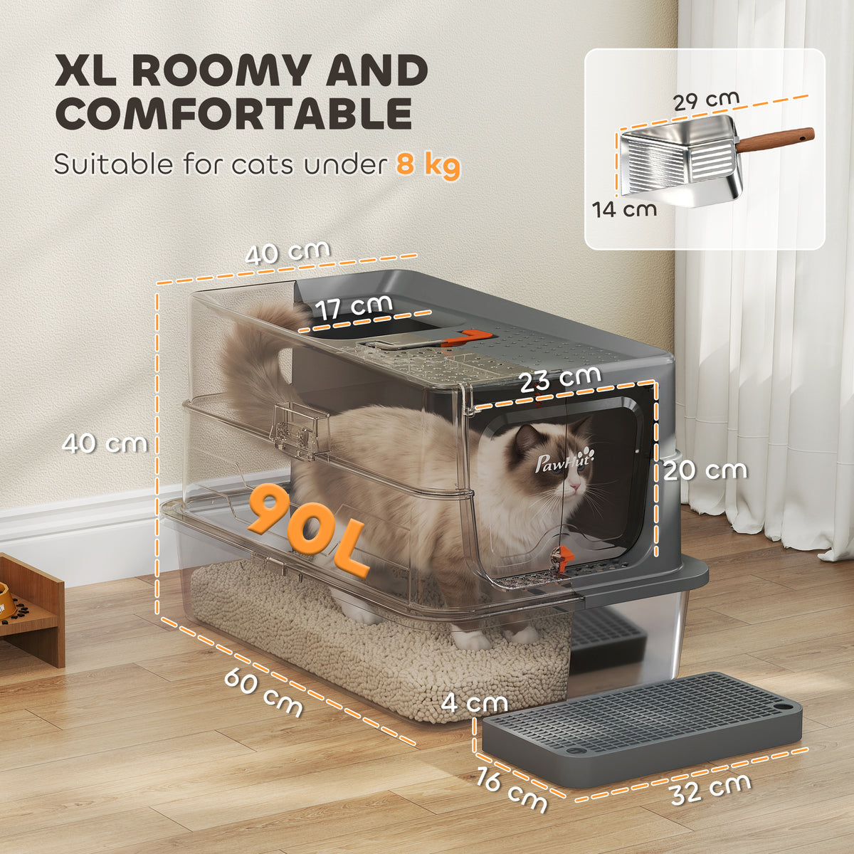 Stainless Steel Cat Litter Tray with Lid, Step, Scoop, High Side