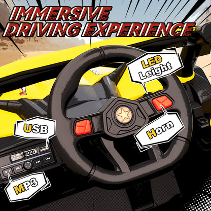 12V Kids Ride On Car, Electric Car for Kids UTV with Remote Control, Slow Start, Suspension System, LED Lights, Music, USB Port, for Boys Girls 3-5 Years, Yellow