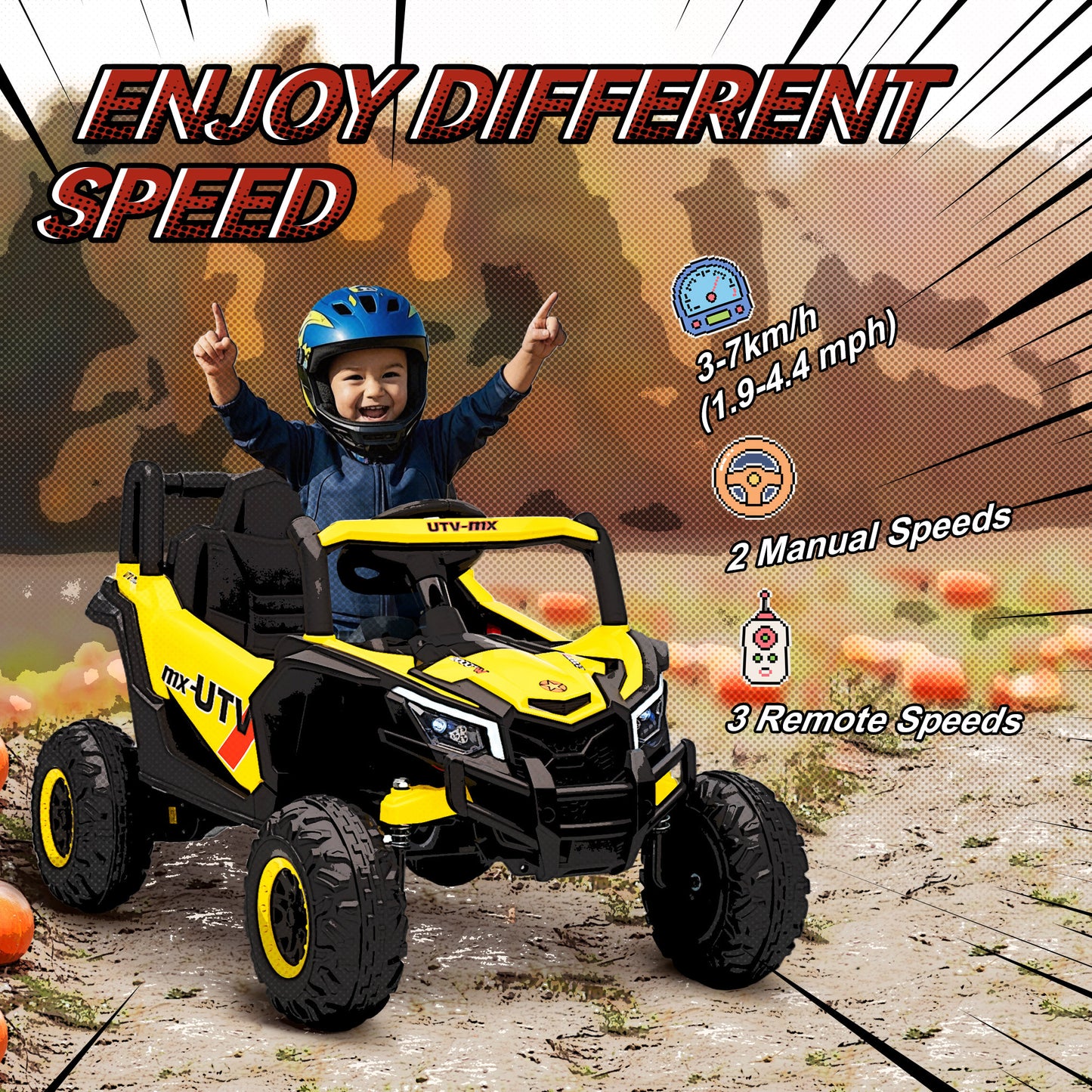 12V Kids Ride On Car, Electric Car for Kids UTV with Remote Control, Slow Start, Suspension System, LED Lights, Music, USB Port, for Boys Girls 3-5 Years, Yellow
