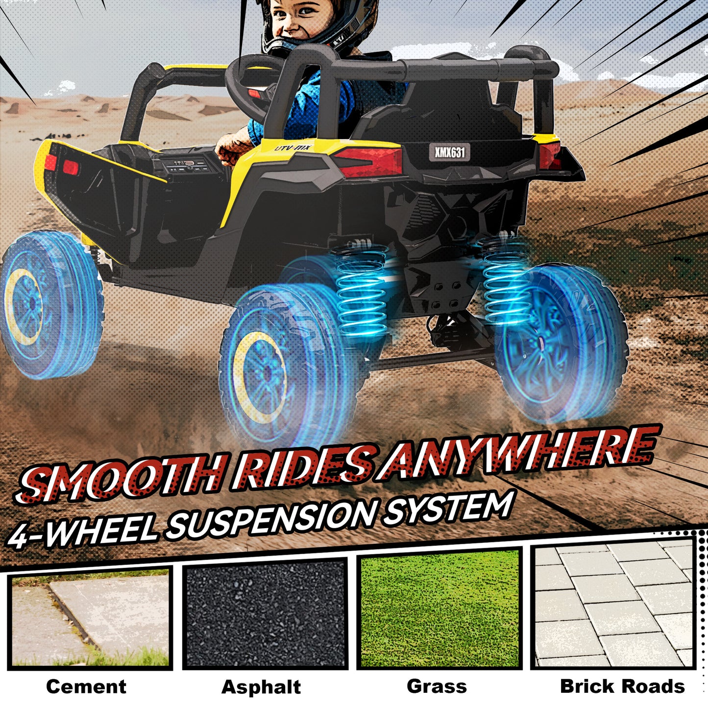 12V Kids Ride On Car, Electric Car for Kids UTV with Remote Control, Slow Start, Suspension System, LED Lights, Music, USB Port, for Boys Girls 3-5 Years, Yellow