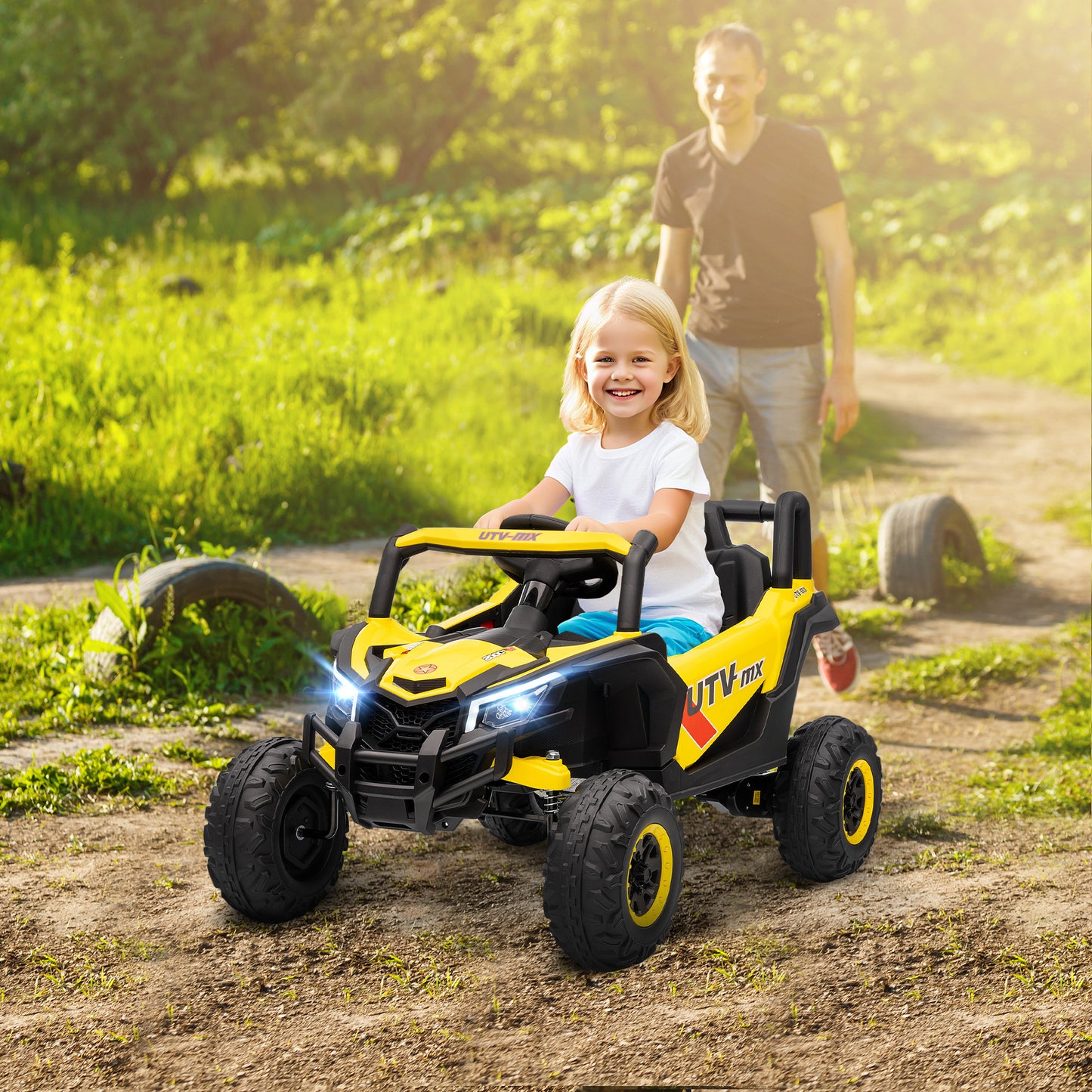 12V Kids Ride On Car, Electric Car for Kids UTV with Remote Control, Slow Start, Suspension System, LED Lights, Music, USB Port, for Boys Girls 3-5 Years, Yellow