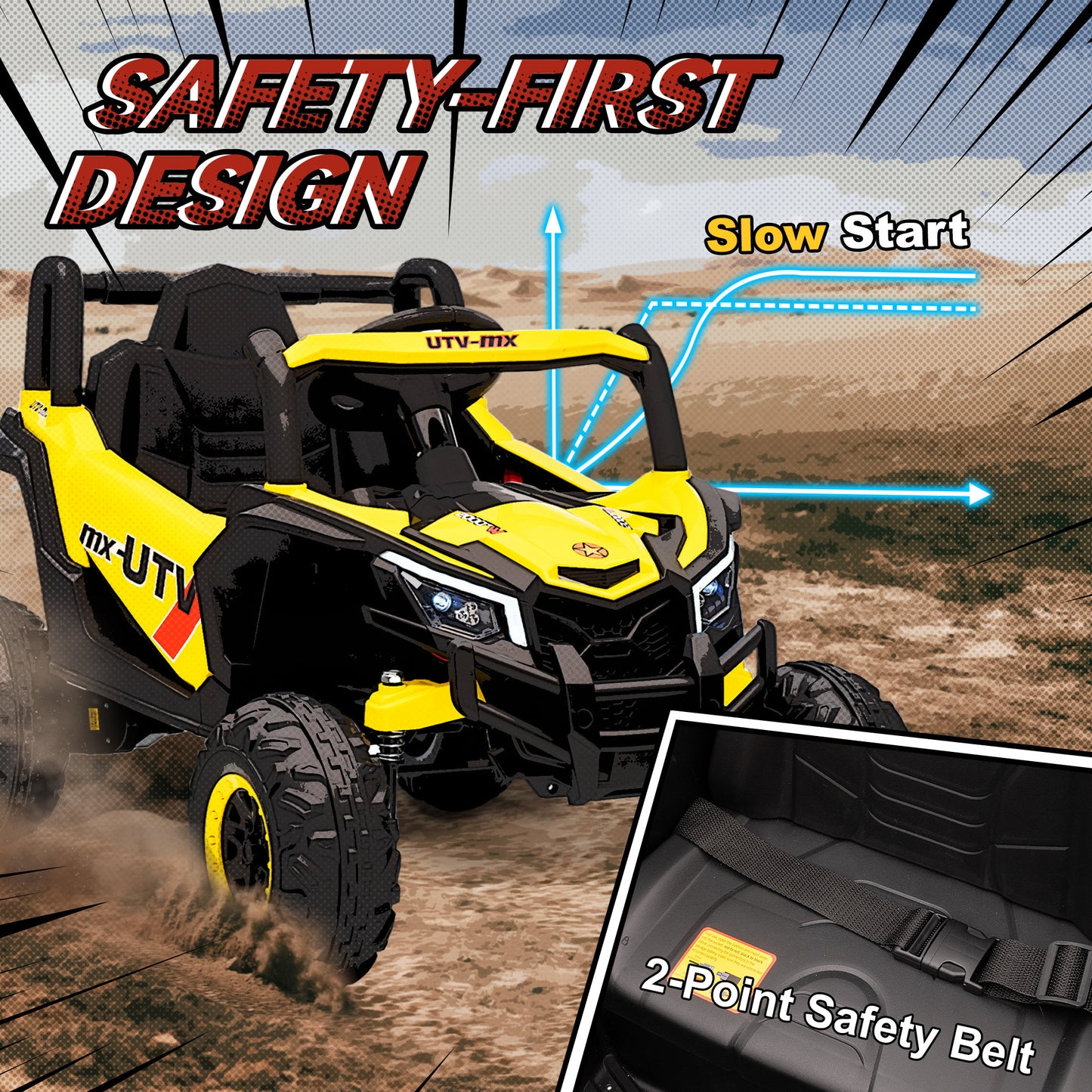 12V Kids Ride On Car, Electric Car for Kids UTV with Remote Control, Slow Start, Suspension System, LED Lights, Music, USB Port, for Boys Girls 3-5 Years, Yellow