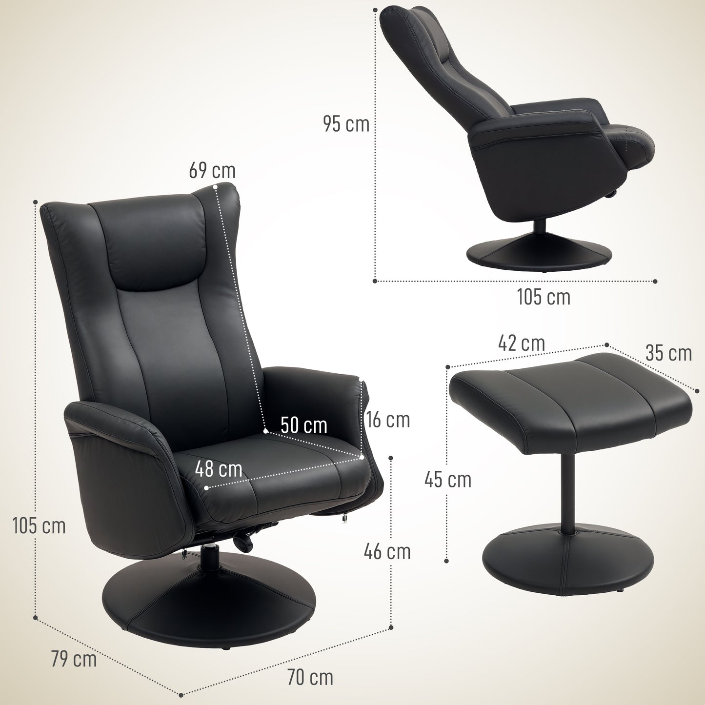 Swivel Recliner Chair with Footstool and Adjustable Back, Black