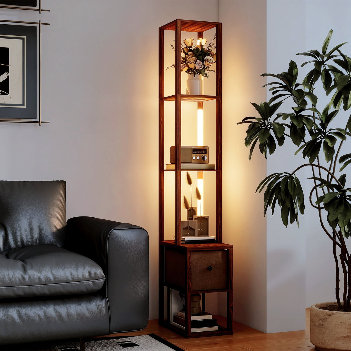 Floor Lamp with Shelves, LED Standing Lamp with Fabric Drawer, Brown