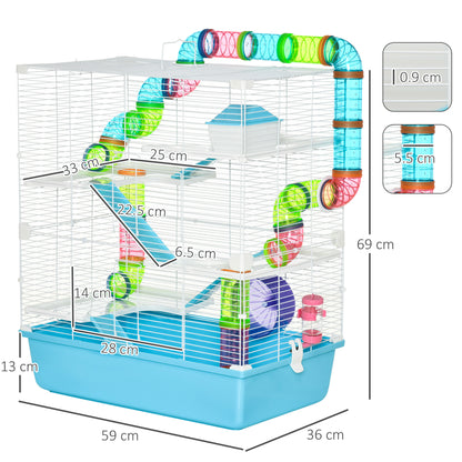 5 Tier Hamster Cage, Gerbil Cage with Tube, Water Bottle, Exercise Wheel, Food Dish, 59L x 36W x 69H cm - Light Blue