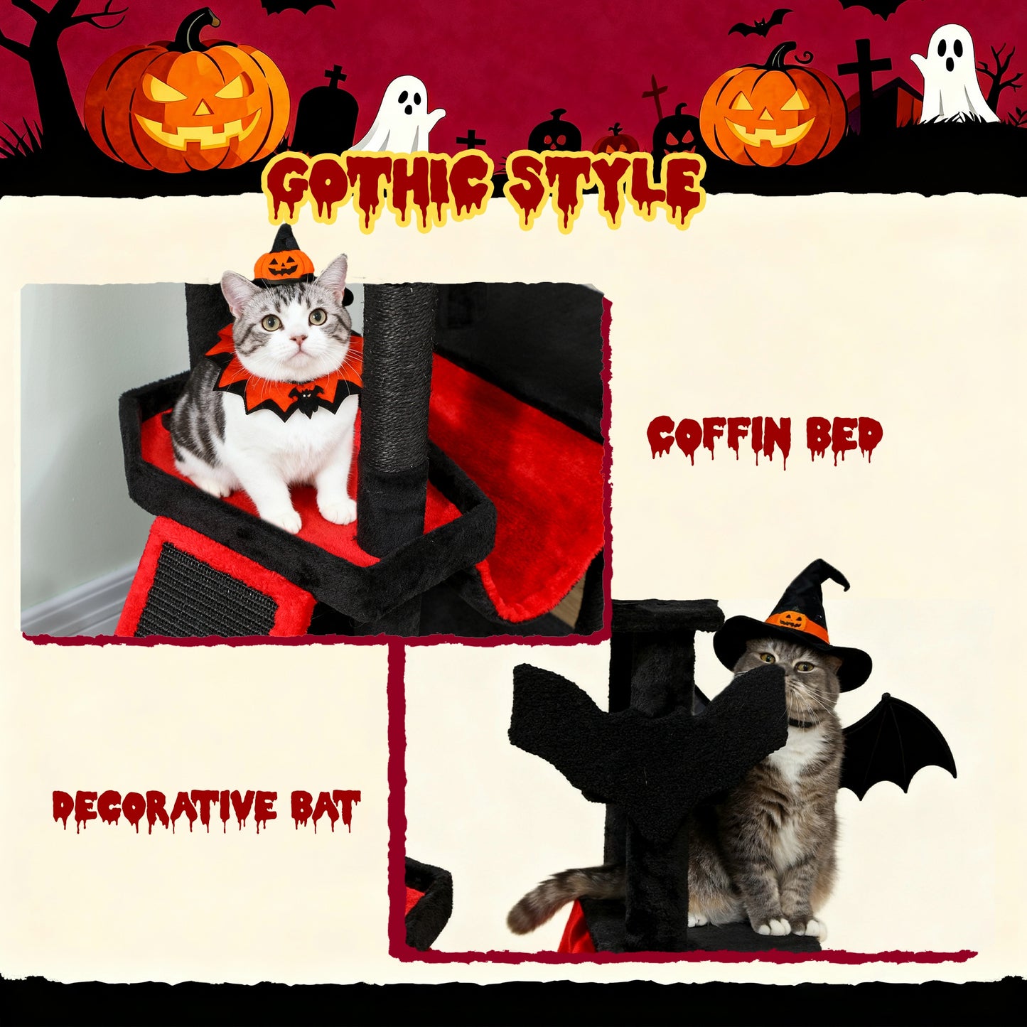 Gothic Cat Tree, 152 cm Multi-Level Cat Tower for Indoor Large Kittens with 1 Coffin Bed, 1 Hammock, 1 Condo, 2 Perches, Sisal Scratching Posts, 1 Scratching Ramp, Toy Ball, Black, Halloween