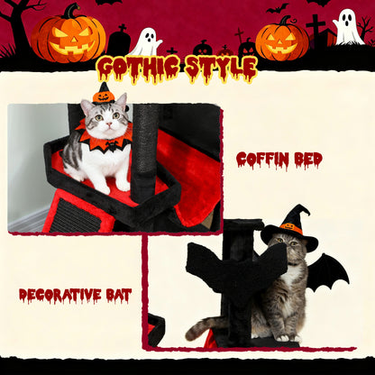 Gothic Cat Tree, 152 cm Multi-Level Cat Tower for Indoor Large Kittens with 1 Coffin Bed, 1 Hammock, 1 Condo, 2 Perches, Sisal Scratching Posts, 1 Scratching Ramp, Toy Ball, Black, Halloween