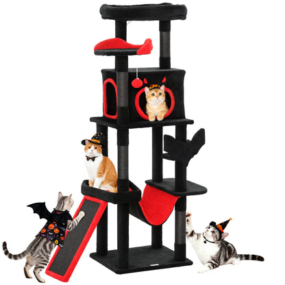 Gothic Cat Tree, 152 cm Multi-Level Cat Tower for Indoor Large Kittens with 1 Coffin Bed, 1 Hammock, 1 Condo, 2 Perches, Sisal Scratching Posts, 1 Scratching Ramp, Toy Ball, Black, Halloween