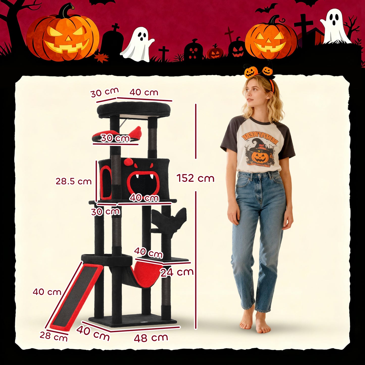 Gothic Cat Tree, 152 cm Multi-Level Cat Tower for Indoor Large Kittens with 1 Coffin Bed, 1 Hammock, 1 Condo, 2 Perches, Sisal Scratching Posts, 1 Scratching Ramp, Toy Ball, Black, Halloween