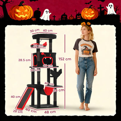 Gothic Cat Tree, 152 cm Multi-Level Cat Tower for Indoor Large Kittens with 1 Coffin Bed, 1 Hammock, 1 Condo, 2 Perches, Sisal Scratching Posts, 1 Scratching Ramp, Toy Ball, Black, Halloween