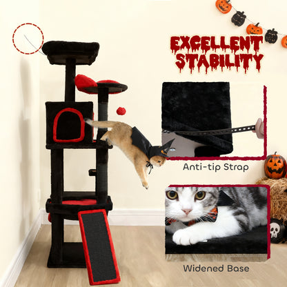 Gothic Cat Tree, 152 cm Multi-Level Cat Tower for Indoor Large Kittens with 1 Coffin Bed, 1 Hammock, 1 Condo, 2 Perches, Sisal Scratching Posts, 1 Scratching Ramp, Toy Ball, Black, Halloween