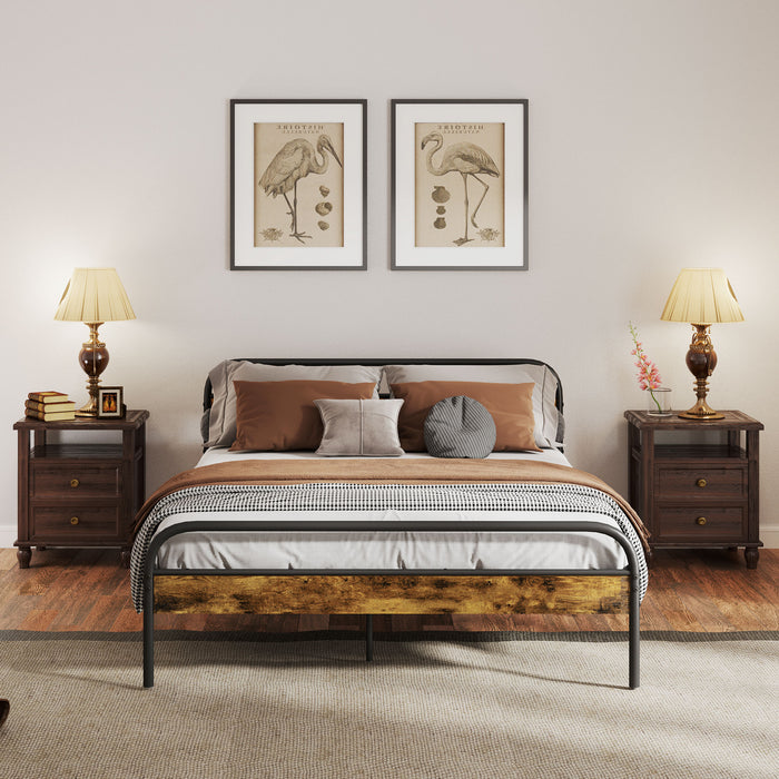 King Bed Frame with Headboard, No Box Spring Needed, Rustic Brown