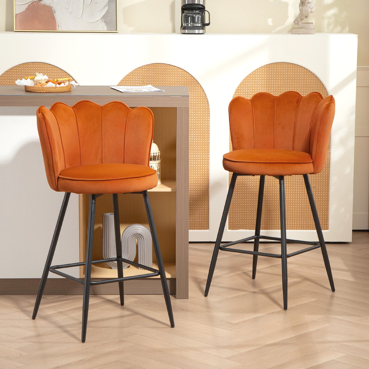 Set of 2 Barstools with Petal Backrest for Kitchen Island Orange