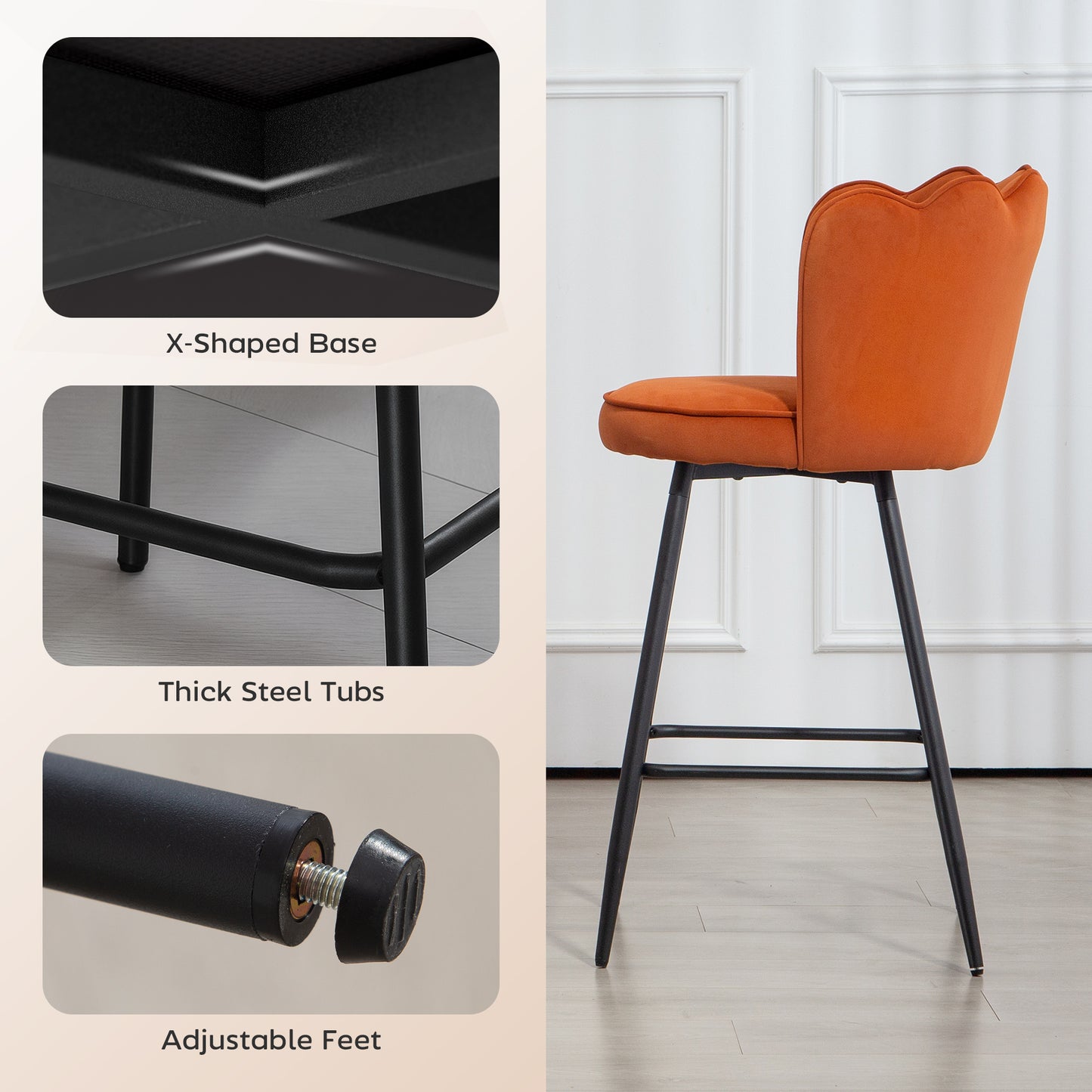 Set of 2 Barstools with Petal Backrest for Kitchen Island Orange