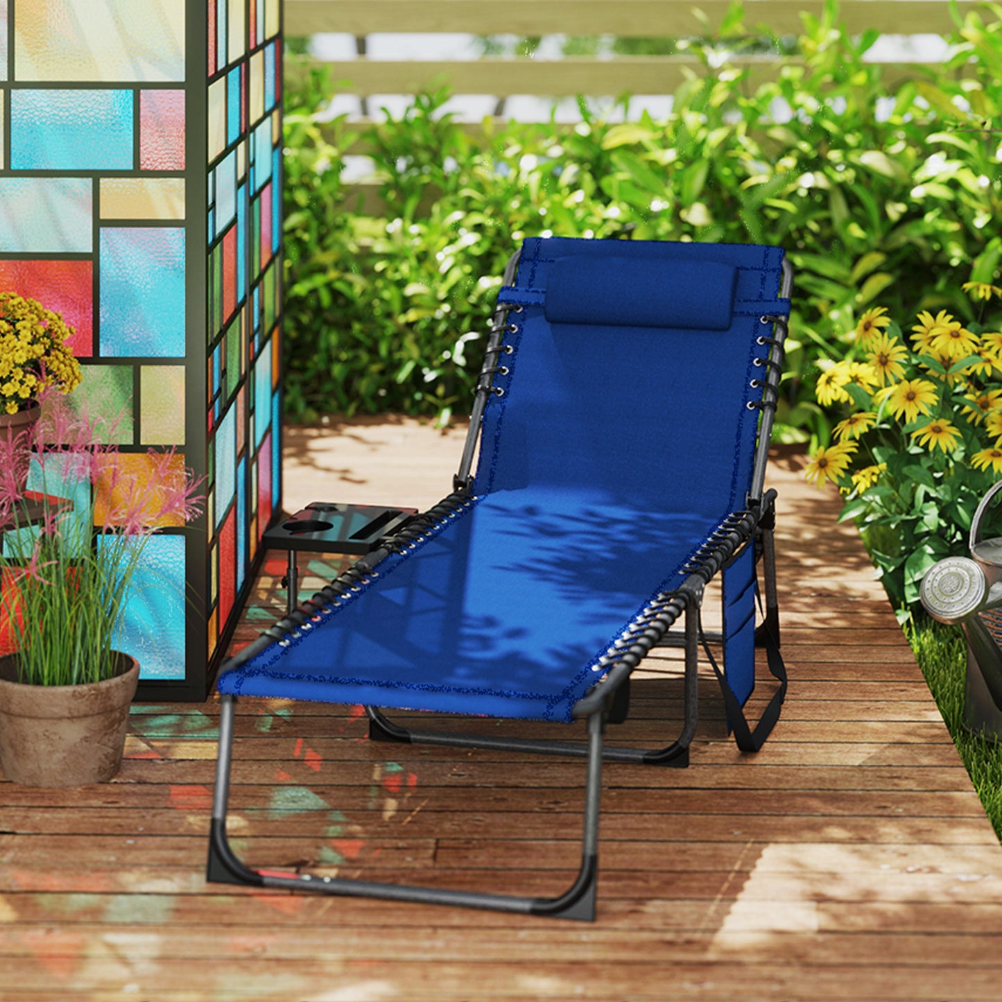 Folding Sun Lounger with 5-Level Reclining Back, Side Table, Blue