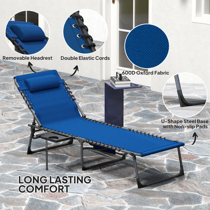 Folding Sun Lounger with 5-Level Reclining Back, Side Table, Blue